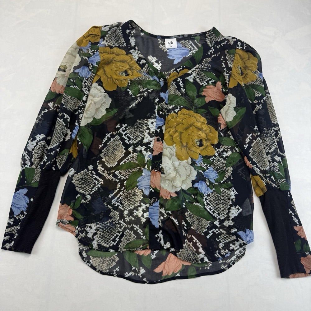 Cabi Floral Snake Print Blouse M Button Front Sheer Boho Long Sleeve
